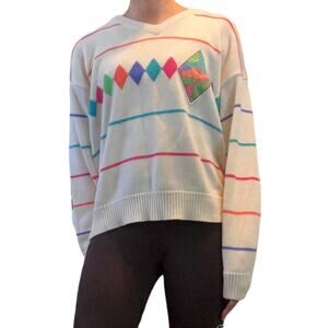 Vintage Quantum Sportswear Women's Tennis Knit Sweater Sz Large L Striped White